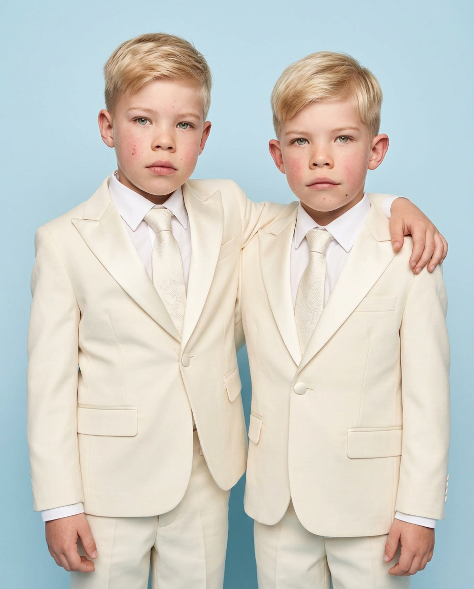Dane and River in ivory tailored suits together