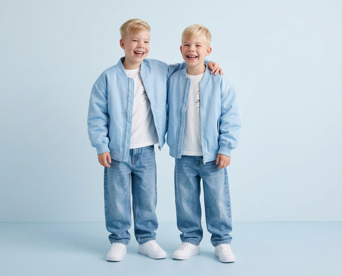 Dane and River in baby blue streetwear together